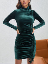 Load image into Gallery viewer, Velvet Turtleneck Long Sleeve Ruched Drawstring Bodycon Mini Dress (Blackish Green/Black)