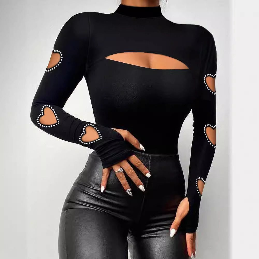 Solid Black Cut Out Heart Shape Long Sleeve Mock Neck T-shirt