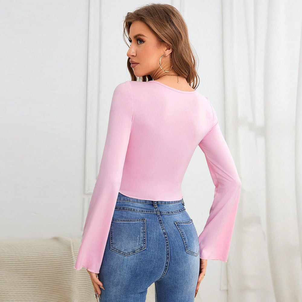 Pink Slim Fit Irregular Hem Knit Flared Long Sleeve T-shirt