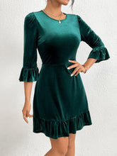 Load image into Gallery viewer, Velvet Blackish Green Round Neck Ruffle Trim Half Sleeve A-line Mini Dress