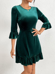 Velvet Blackish Green Round Neck Ruffle Trim Half Sleeve A-line Mini Dress