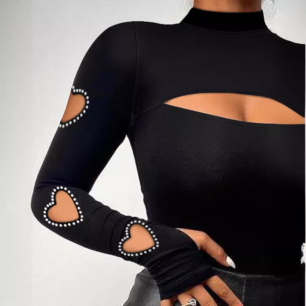 Solid Black Cut Out Heart Shape Long Sleeve Mock Neck T-shirt