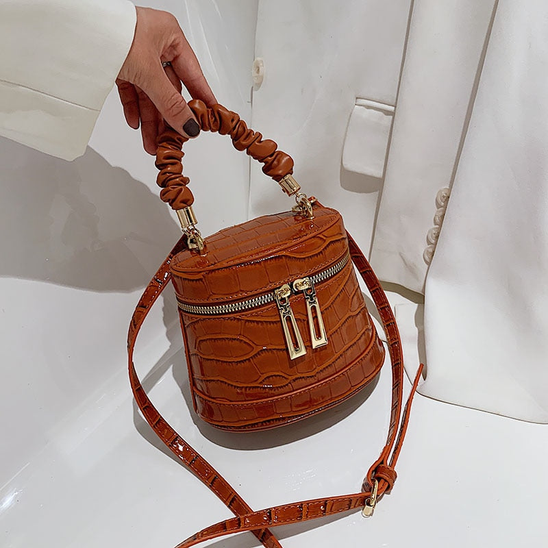 Stone Crocodile Pattern Bucket Bag with Pleated Handle (4 colors)