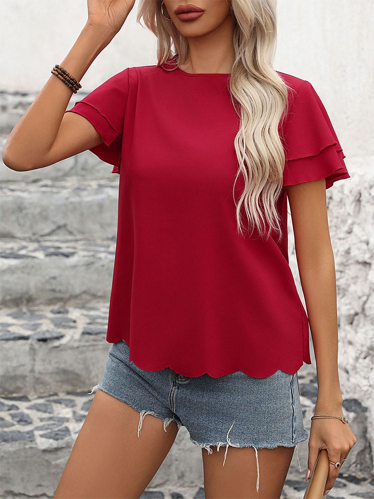 Red Double Layer Solid Color Round Neck Petal Sleeve Blouse