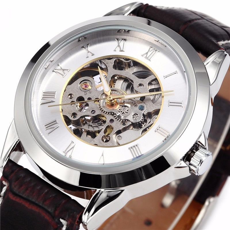 Hollow Out Antique Mechanical 30m Waterproof Male Watch with Leather Band (11 colors)