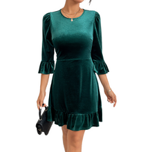 Load image into Gallery viewer, Velvet Blackish Green Round Neck Ruffle Trim Half Sleeve A-line Mini Dress