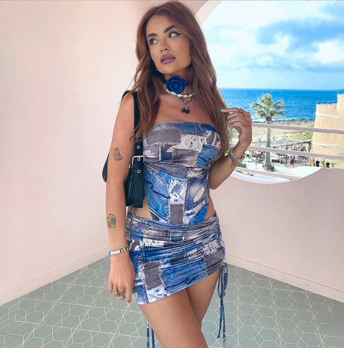 Strapless Printed Side Drawstring Mini Dress