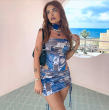 Load image into Gallery viewer, Strapless Printed Side Drawstring Mini Dress
