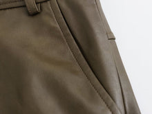 Cargar imagen en el visor de la galería, Brown Faux Leather High Waist Slit Cargo Midi Skirt