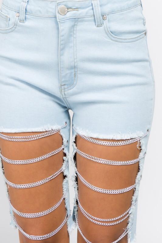 Light Blue Cut Off Chain Detail Raw Hem Bermuda Denim Shorts