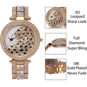 MISSFOX V227 Quartz Gold Crystal Diamond Leopard Watch