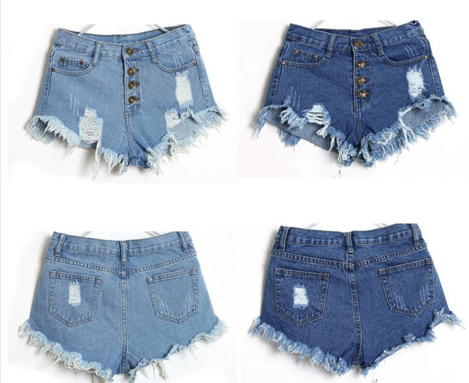 High Waist Ripped Raw Hem Denim Shorts (Dark/Light Blue)