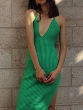 Cargar imagen en el visor de la galería, Deep V-neck Sleeveless Solid Color Spaghetti Strap Knit Maxi Dress (5 colors)