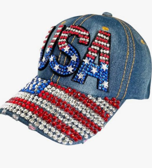 Distressed Denim Rhinestone American Flag Baseball Cap