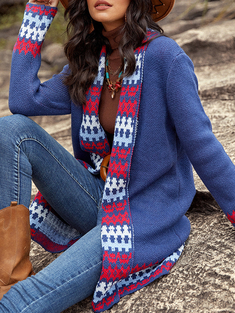 Blue Retro V-neck Knit Cardigan