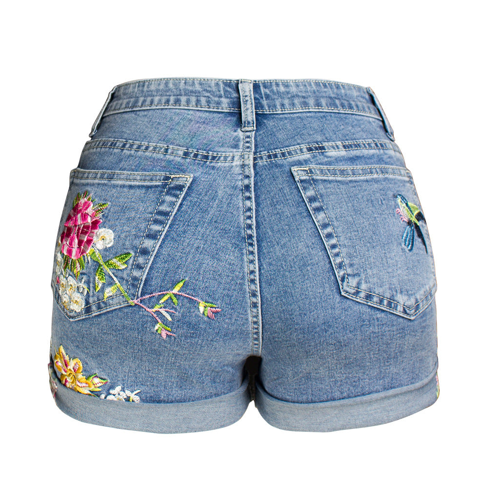 Flower Embroidery Roll Cuff Denim Shorts