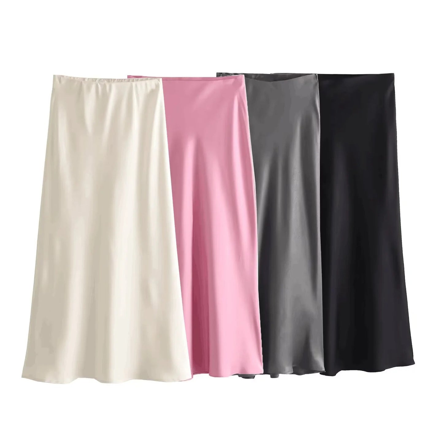 High Waisted Silk Satin Texture Gathered Midi Skirt (5 colors)