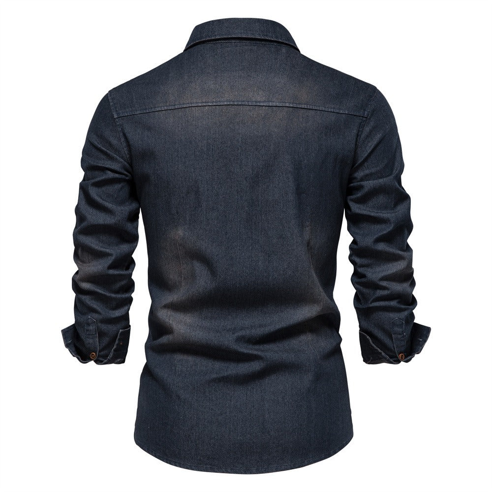 Solid Color Wrinkle Free Slim Fit Long Sleeve Male Denim Dress Shirt (Black/Navy Blue)