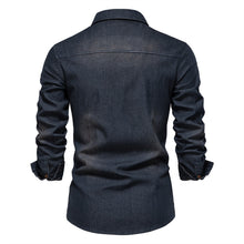 Cargar imagen en el visor de la galería, Solid Color Wrinkle Free Slim Fit Long Sleeve Male Denim Dress Shirt (Black/Navy Blue)