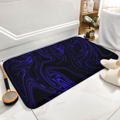 Flow (01-02): Cobalt, The Heavenly Depths bath rug. Close-up view of the deep blue kinetic swirl pattern on a black background, styled in a bright white bathroom.