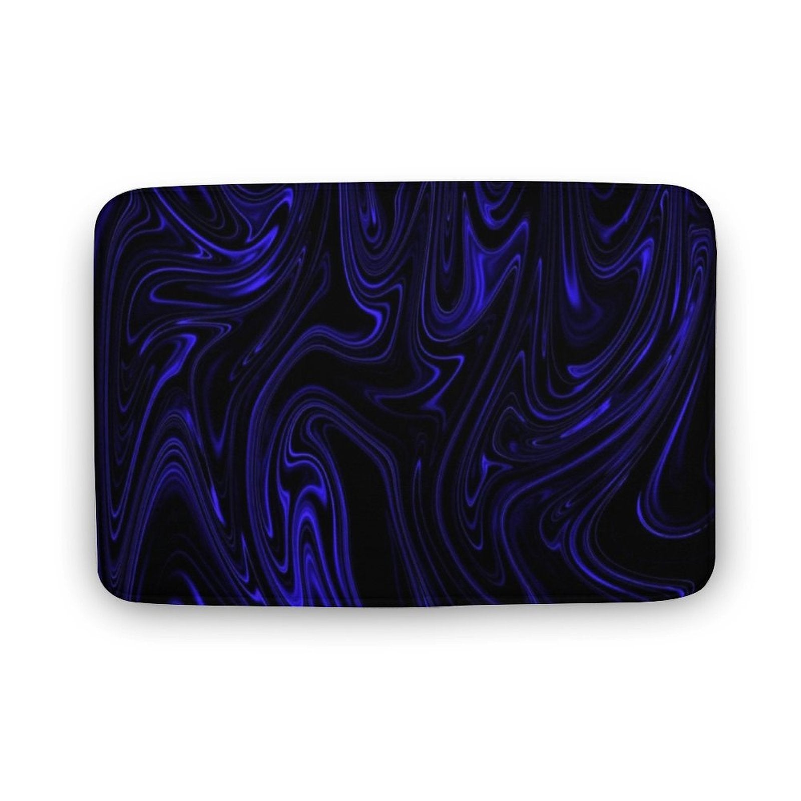 Direct top-down view of the Flow (01-02) Cobalt bath rug graphic. Vibrant blue and black liquid marble texture displayed with crisp archival clarity.