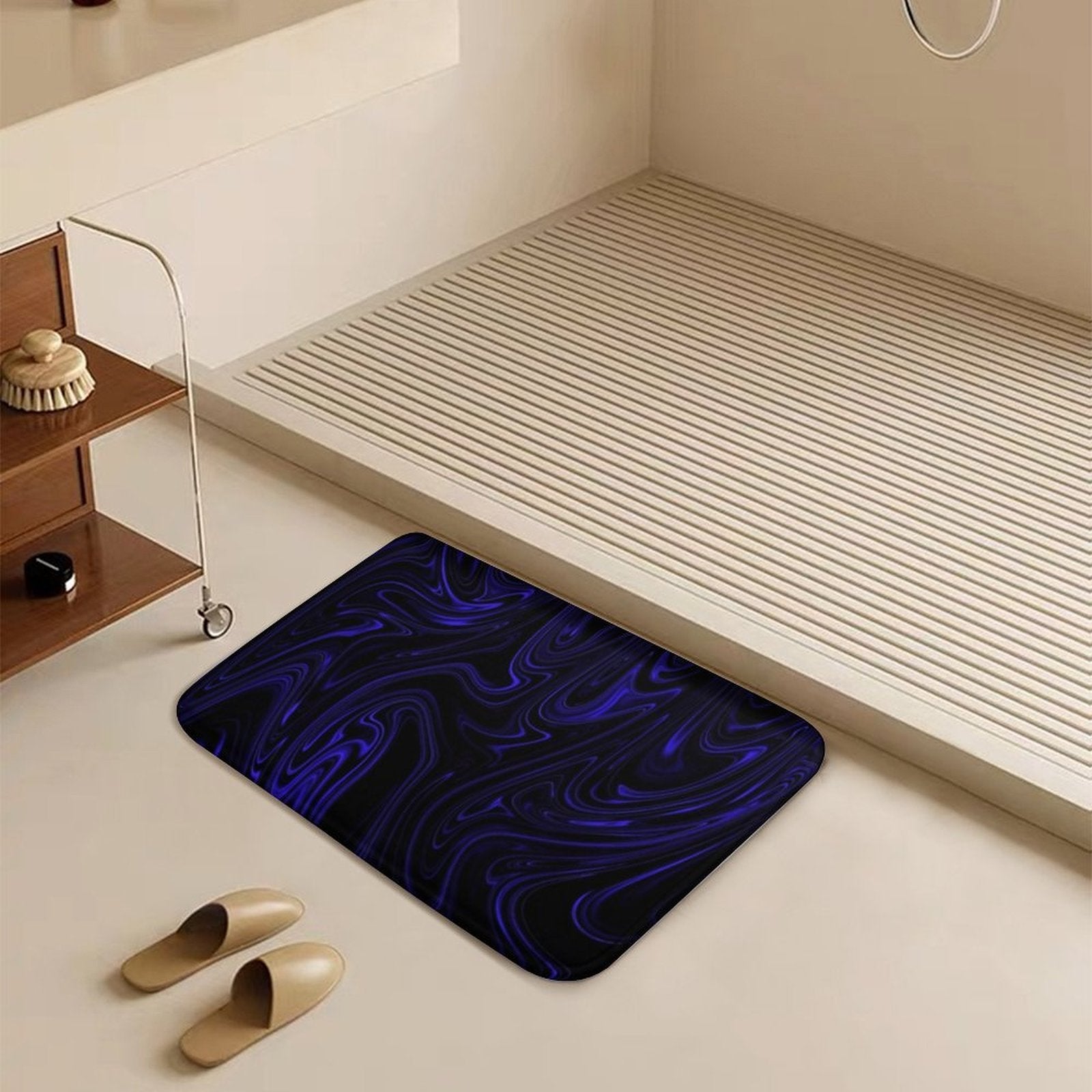 Flow (01-02) Cobalt rug styled on a white terrazzo floor. Demonstrates the "Kinetic Paleo-Glow" aesthetic in a high-end boutique environment.