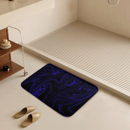 Flow (01-02) Cobalt rug styled on a white terrazzo floor. Demonstrates the "Kinetic Paleo-Glow" aesthetic in a high-end boutique environment.