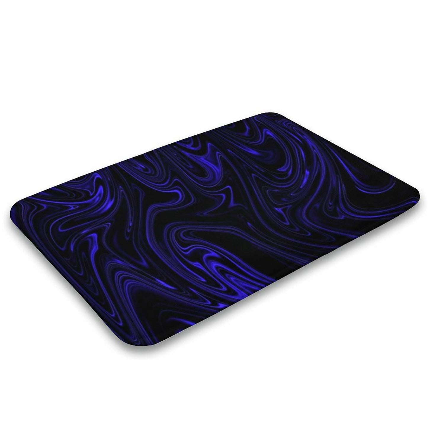 Angled perspective of the Flow (01-02) Cobalt rug design against a white background, highlighting the rounded corners and clean archival edging.