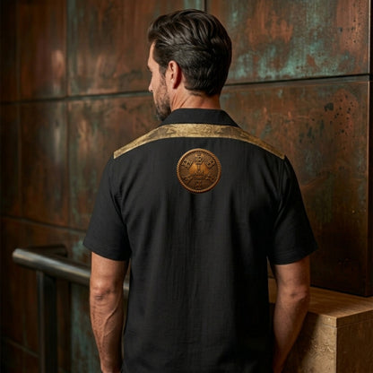 A man modeling the back of the "I AM HEBREW" camp collar shirt.