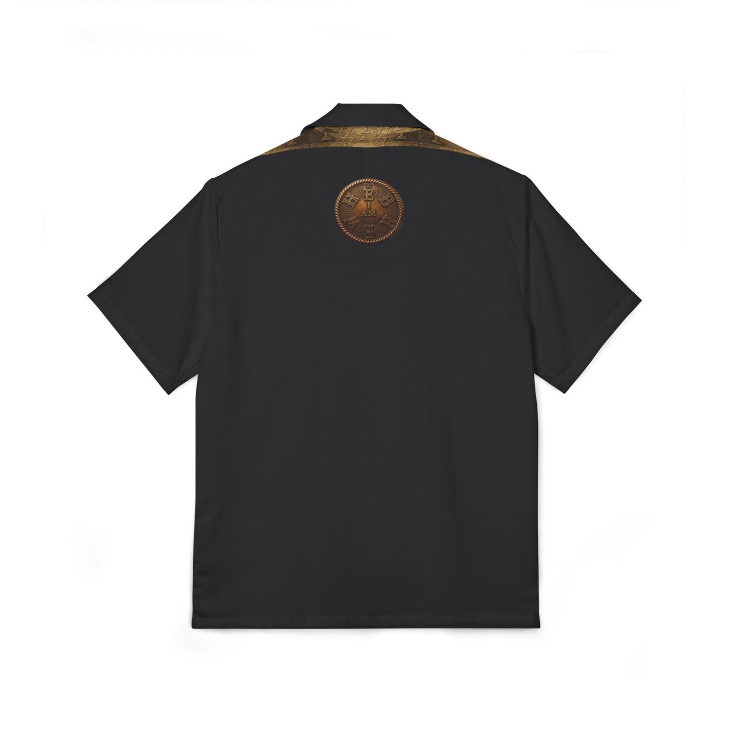 Flat lay view showing the back design and gold yoke of the "I AM HEBREW" shirt.