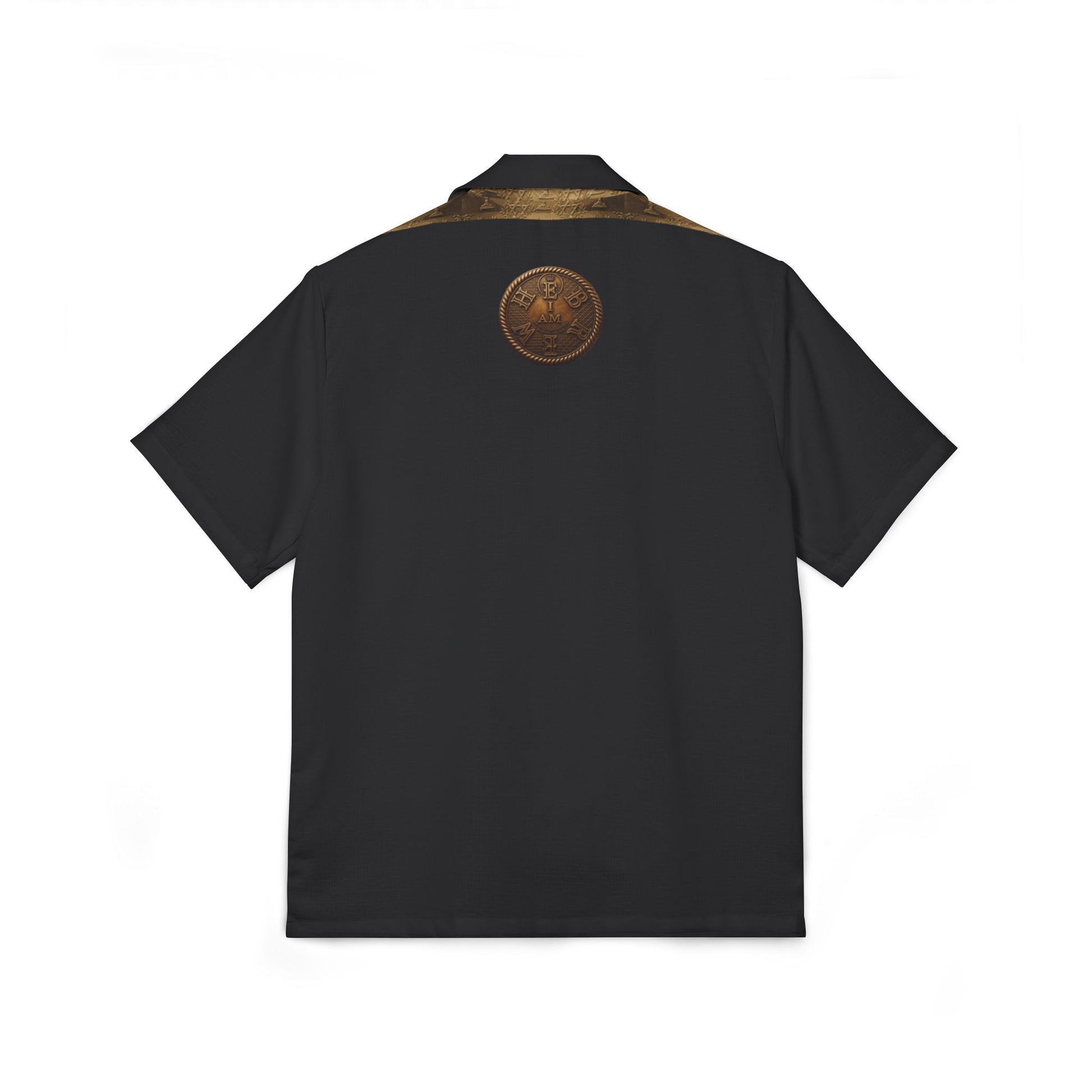 Flat lay view showing the back design and gold yoke of the "I AM HEBREW" shirt.