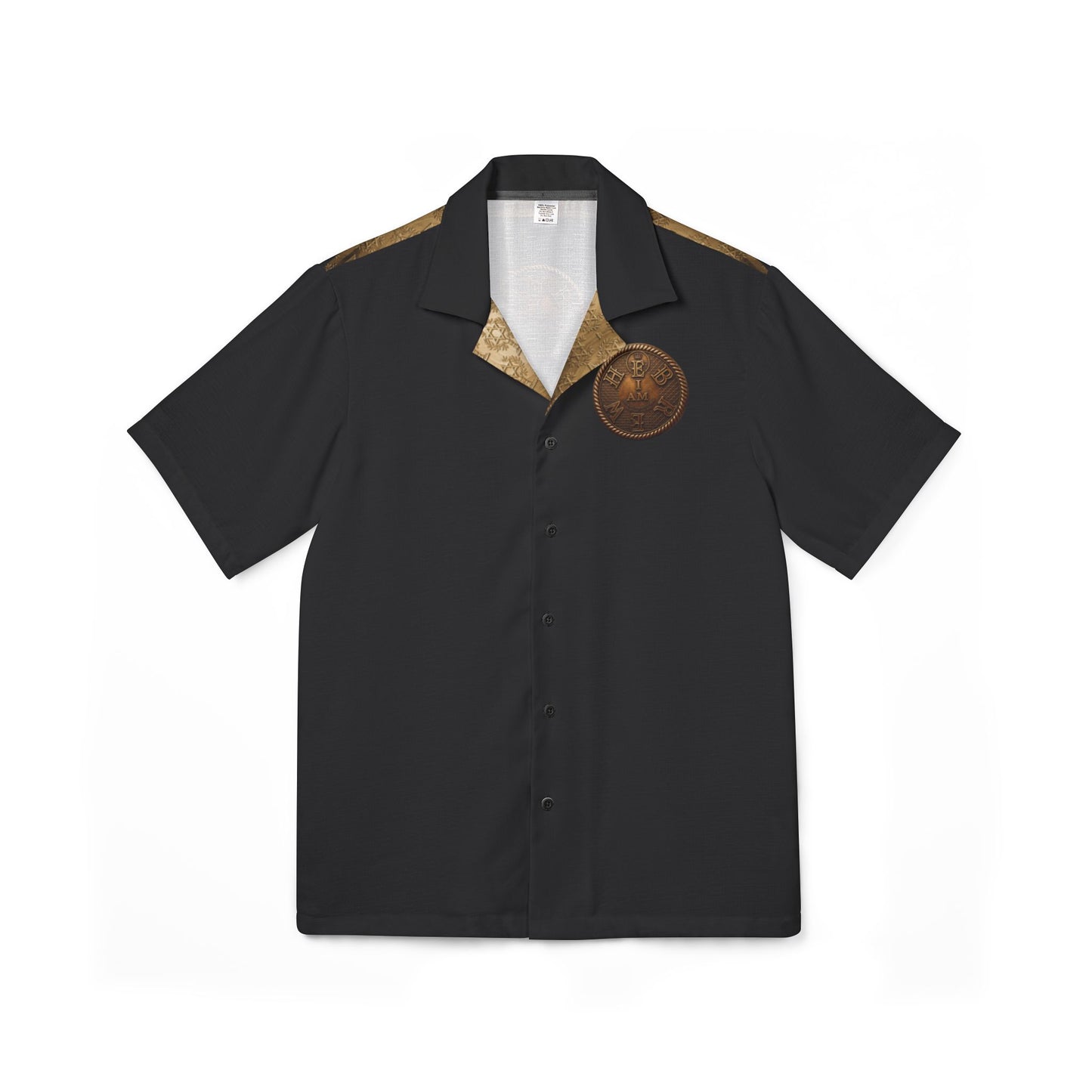 Flat lay view of the "I AM HEBREW" black and gold short-sleeve shirt.
