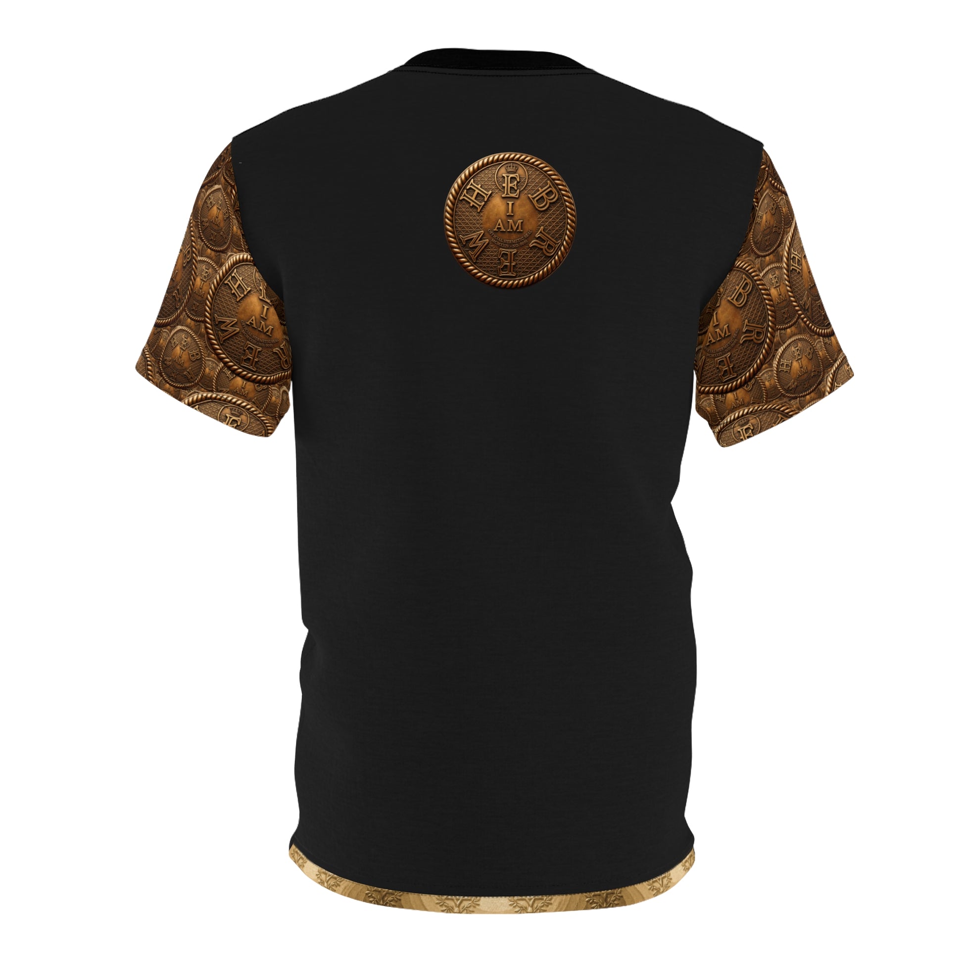 A back-facing 3D product mockup of the black I AM HEBREW Archive Unisex Tee on a white background, displaying the central gold back emblem and coin-patterned sleeves.