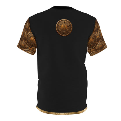 A back-facing 3D product mockup of the black I AM HEBREW Archive Unisex Tee on a white background, displaying the central gold back emblem and coin-patterned sleeves.