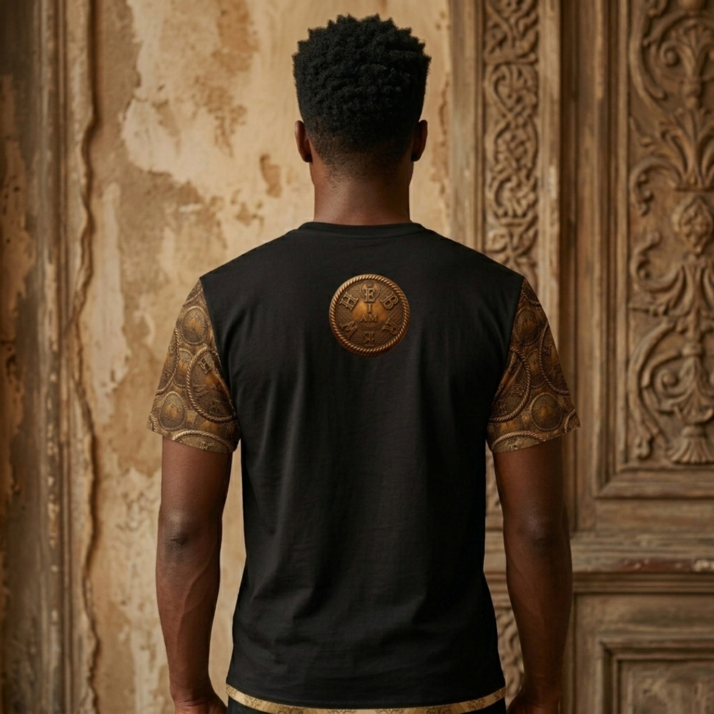 The back view of a male model wearing the black I AM HEBREW Archive Unisex Tee, highlighting the central back emblem and gold coin sleeves against a rustic backdrop.