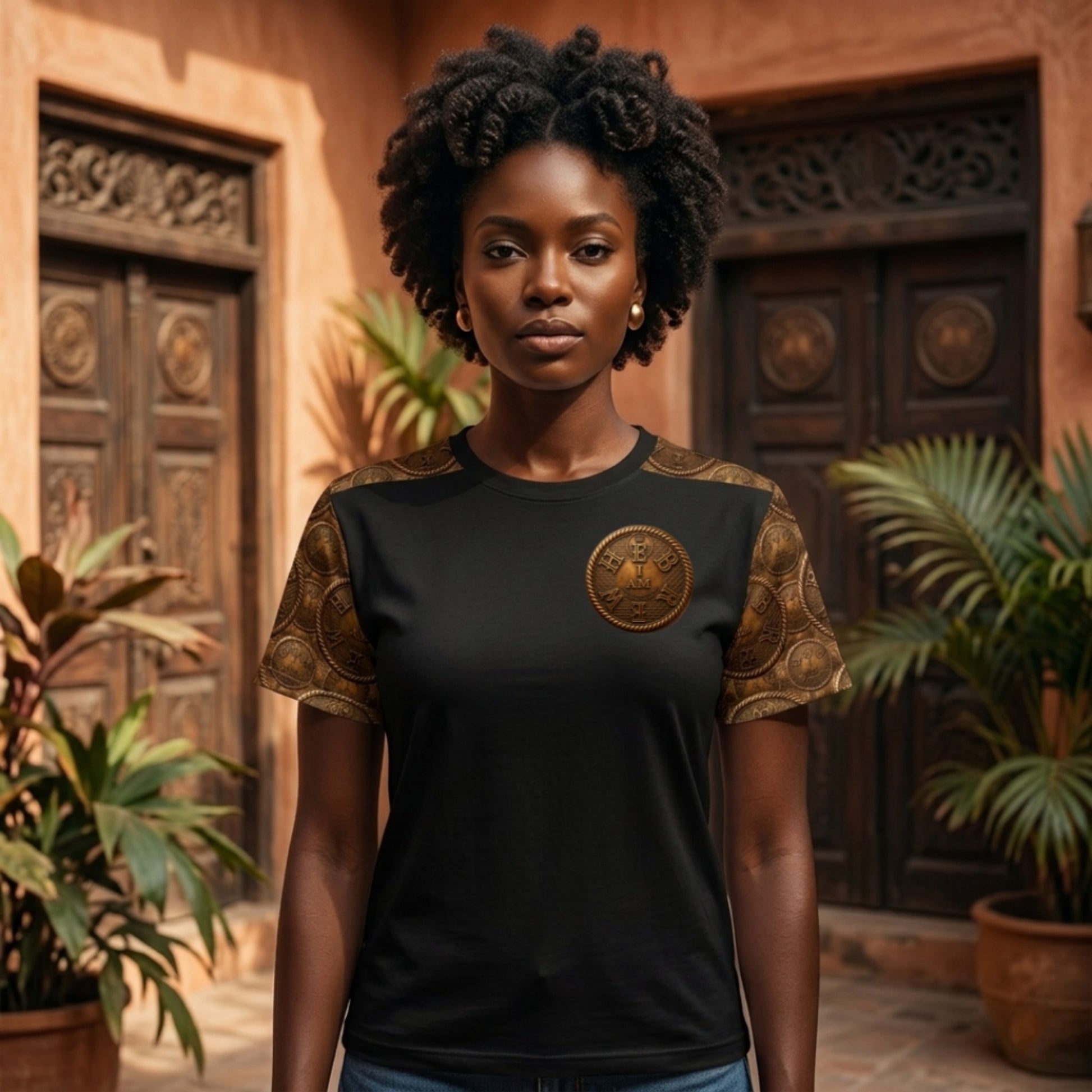 A female model wearing the black I AM HEBREW Archive Unisex Tee, featuring the gold coin sleeves and chest emblem, standing in a sunny, plant-filled courtyard.