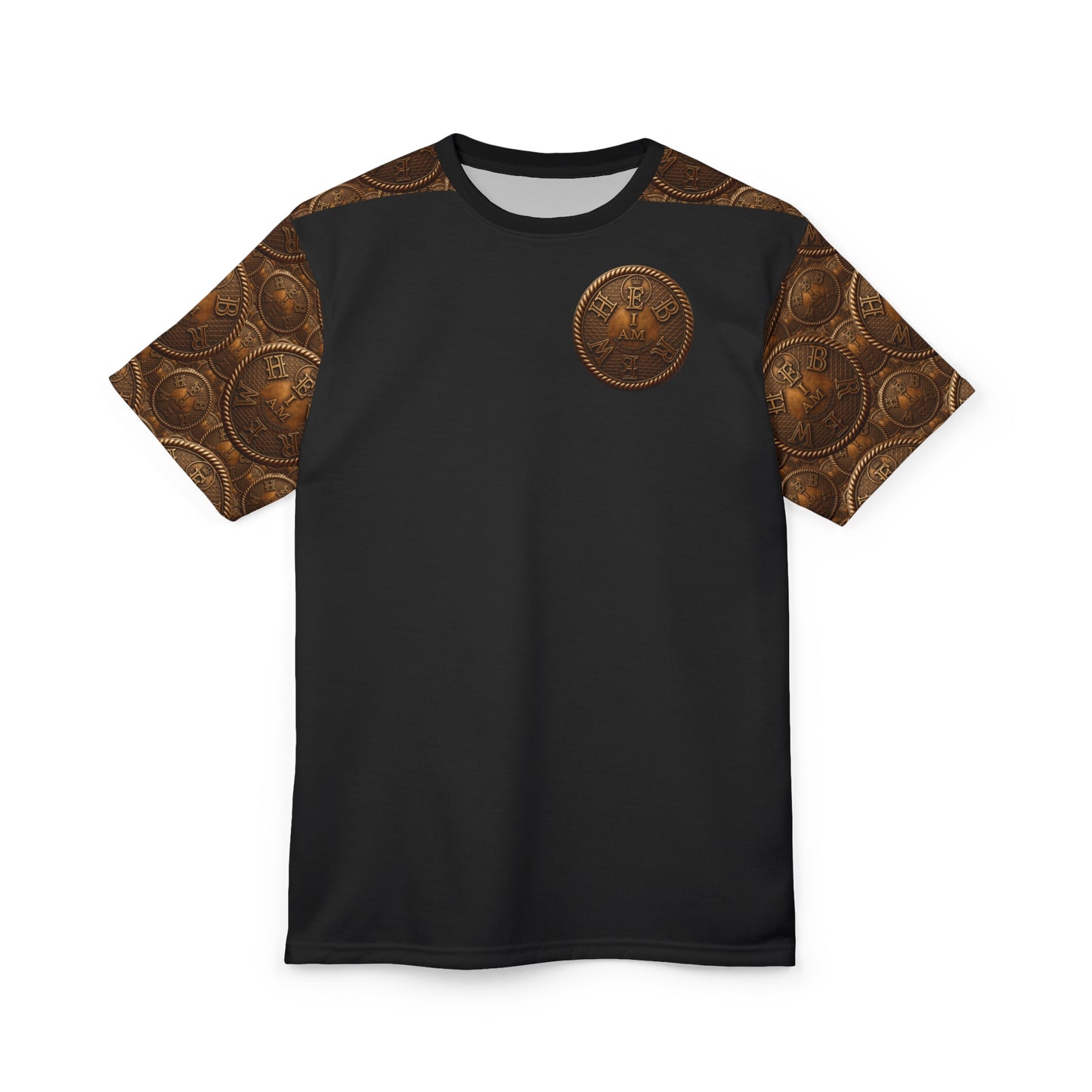 A flat-lay product photograph of the I AM HEBREW Archive Unisex Tee, showing the complete front design, including the detailed coin sleeves and chest emblem.