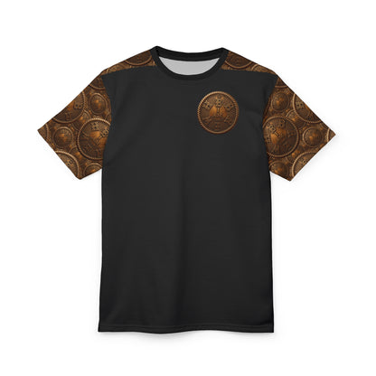 A flat-lay product photograph of the I AM HEBREW Archive Unisex Tee, showing the complete front design, including the detailed coin sleeves and chest emblem.