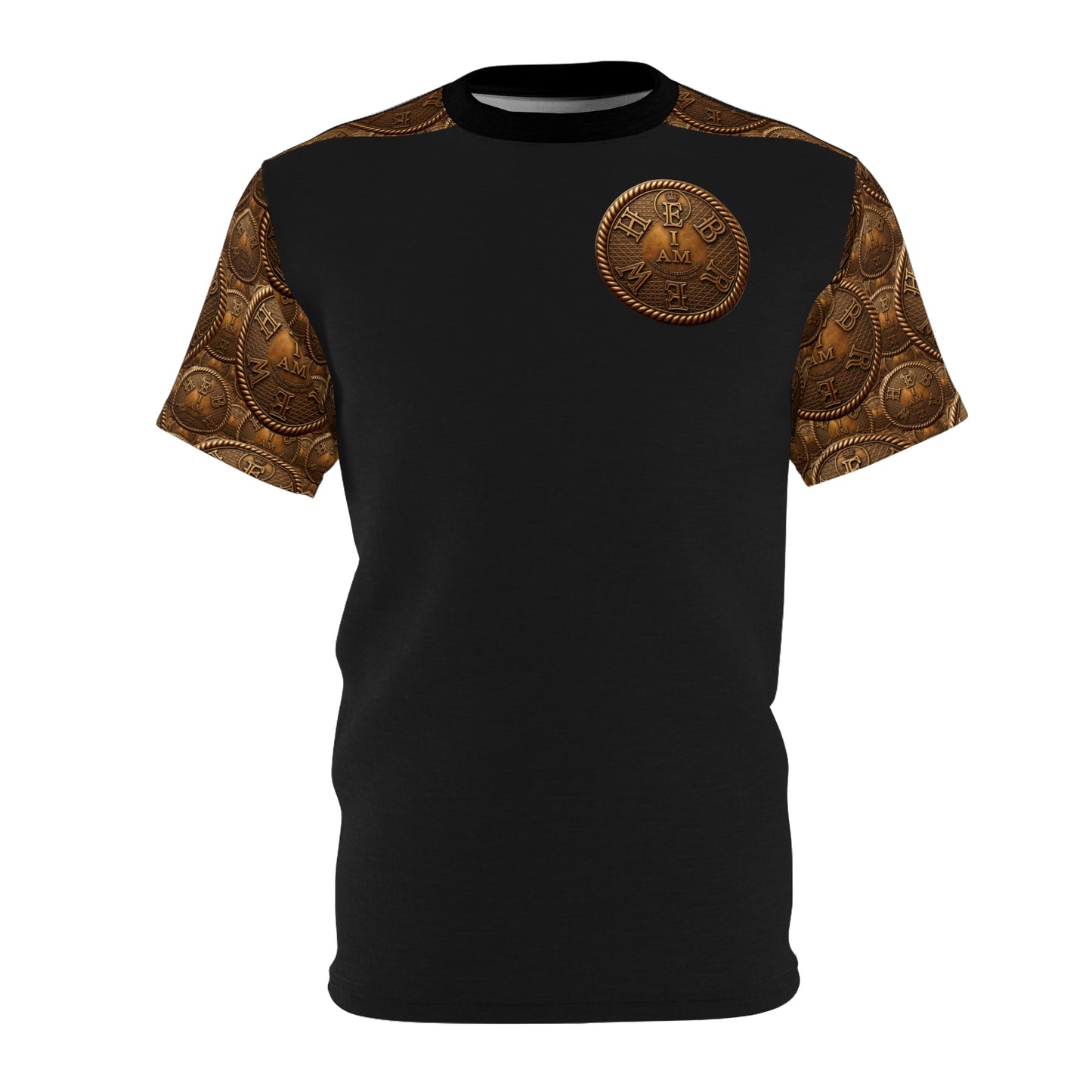A front-facing 3D product mockup of the black I AM HEBREW Archive Unisex Tee on a white background, displaying the gold coin sleeves and large chest emblem.