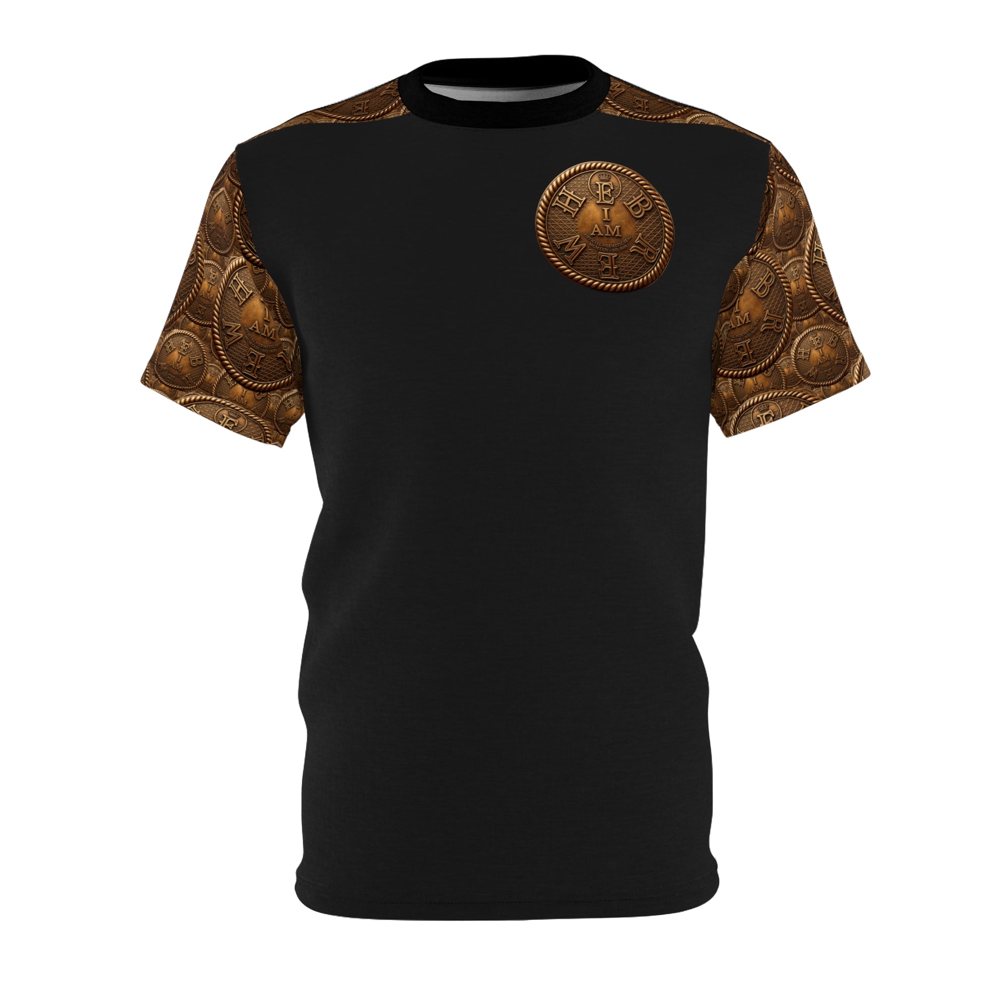A front-facing 3D product mockup of the black I AM HEBREW Archive Unisex Tee on a white background, displaying the gold coin sleeves and large chest emblem.