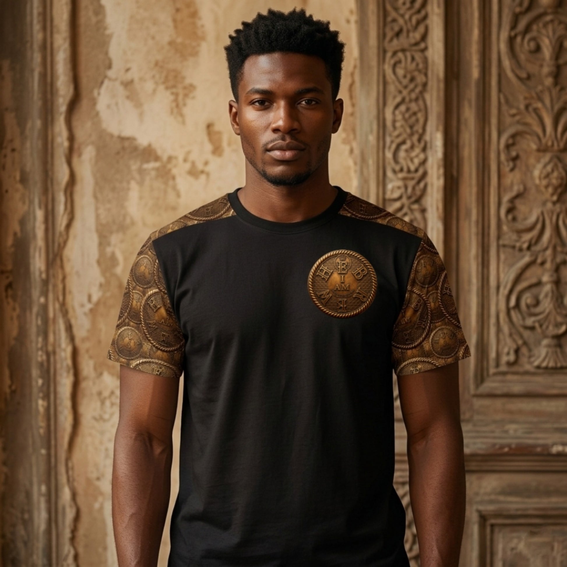 A male model wearing the black I AM HEBREW Archive Unisex Tee with gold coin sleeves and a large chest emblem, set against an aged, ornate wooden wall.