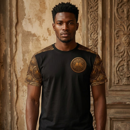 A male model wearing the black I AM HEBREW Archive Unisex Tee with gold coin sleeves and a large chest emblem, set against an aged, ornate wooden wall.