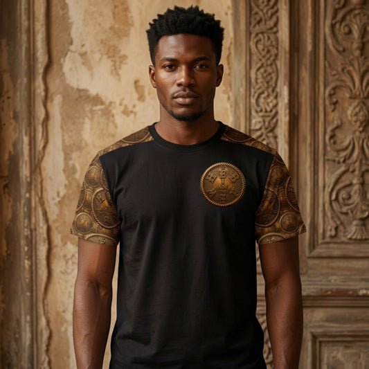 A male model wearing the black I AM HEBREW Archive Unisex Tee with gold coin sleeves and a large chest emblem, set against an aged, ornate wooden wall.