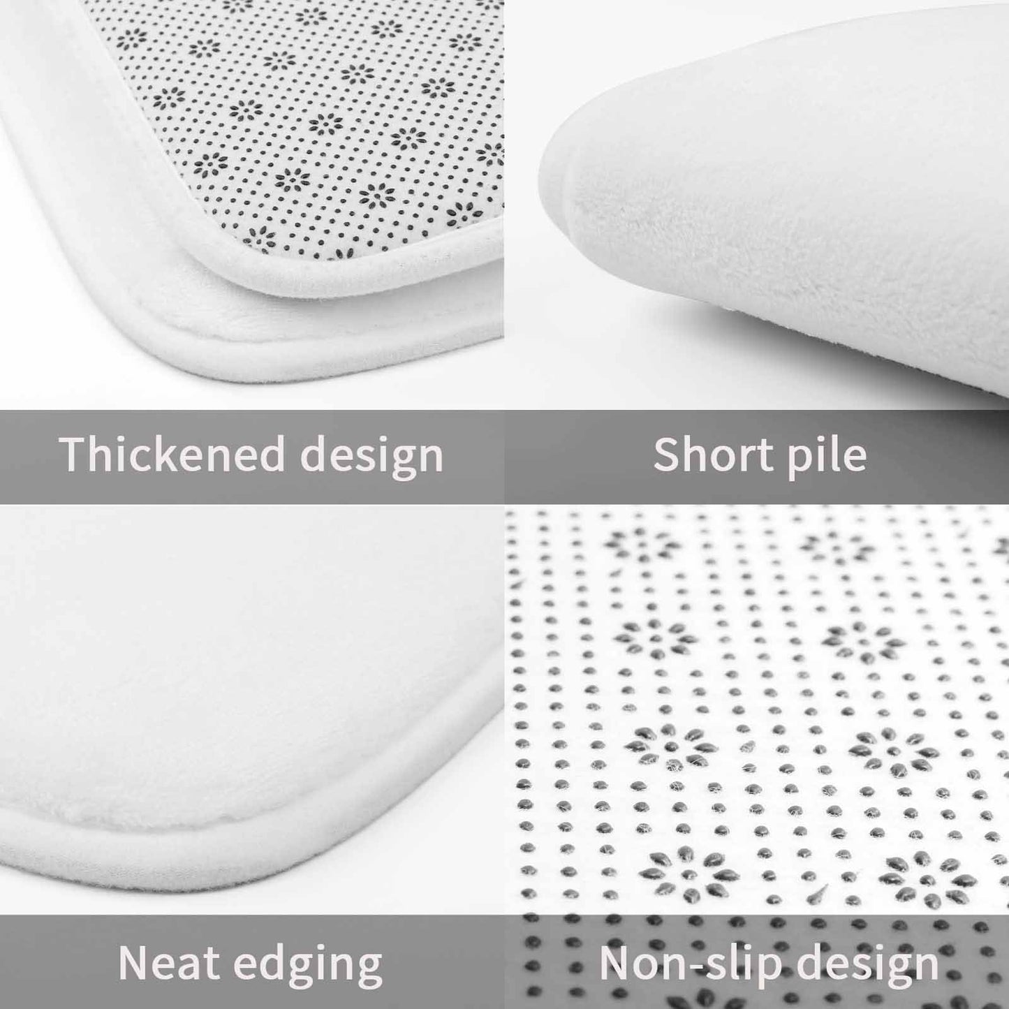 Quality detail of the Cobalt bath rug. Multi-panel view showing the thickened design, short-pile coral velvet, neat edging, and non-slip dotted backing.