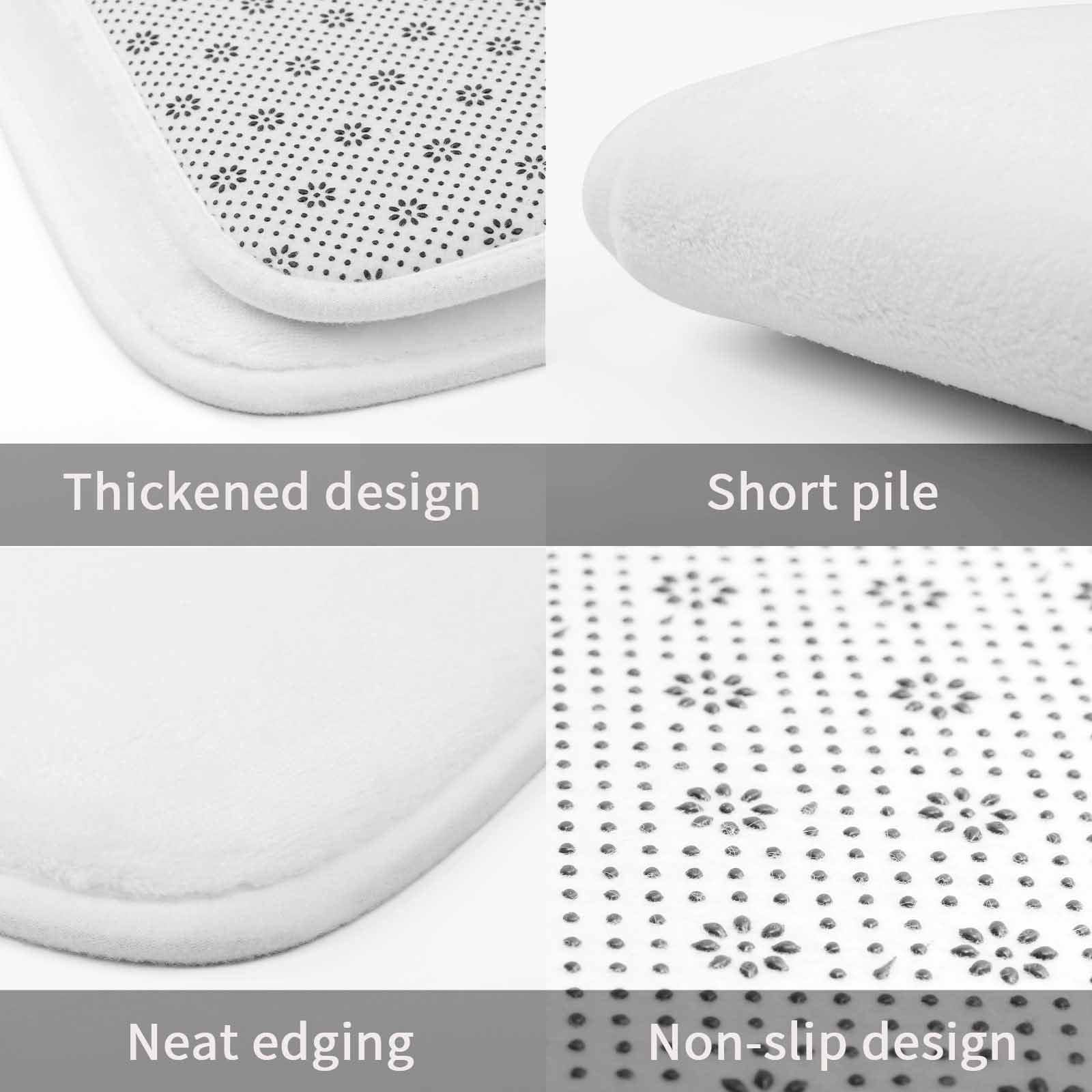Quality detail of the Cobalt bath rug. Multi-panel view showing the thickened design, short-pile coral velvet, neat edging, and non-slip dotted backing.