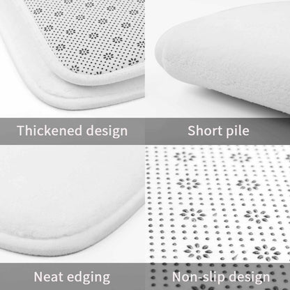 Quality detail of the Cobalt bath rug. Multi-panel view showing the thickened design, short-pile coral velvet, neat edging, and non-slip dotted backing.