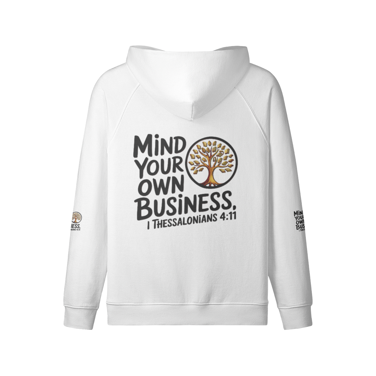 Outspoken Designs 06-01 "Mind Your Own Business" Designer Heavyweight Raglan Fleece Lined Full Zip Unisex Hoodie (Beige/White)