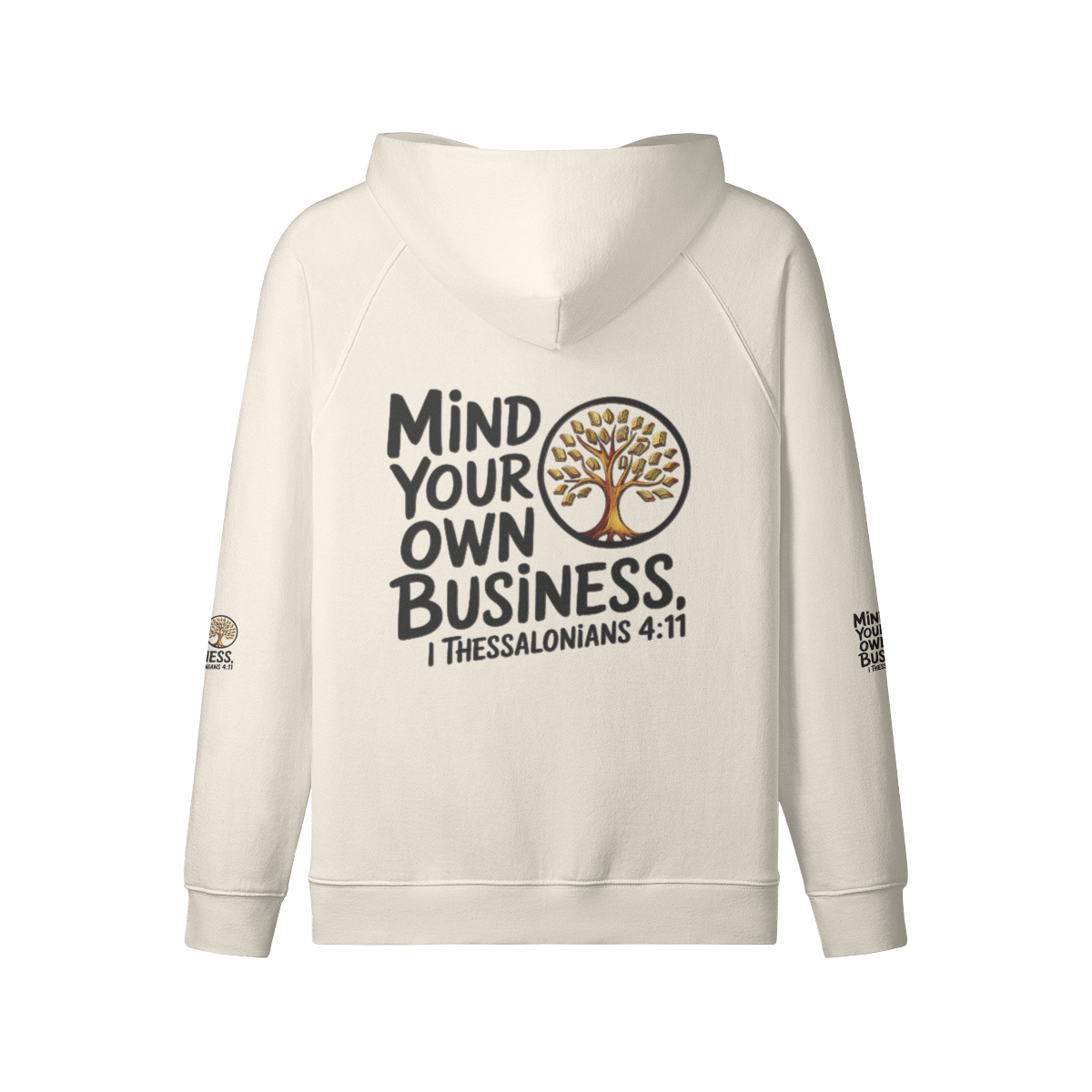 Outspoken Designs 06-01 "Mind Your Own Business" Designer Heavyweight Raglan Fleece Lined Full Zip Unisex Hoodie (Beige/White)