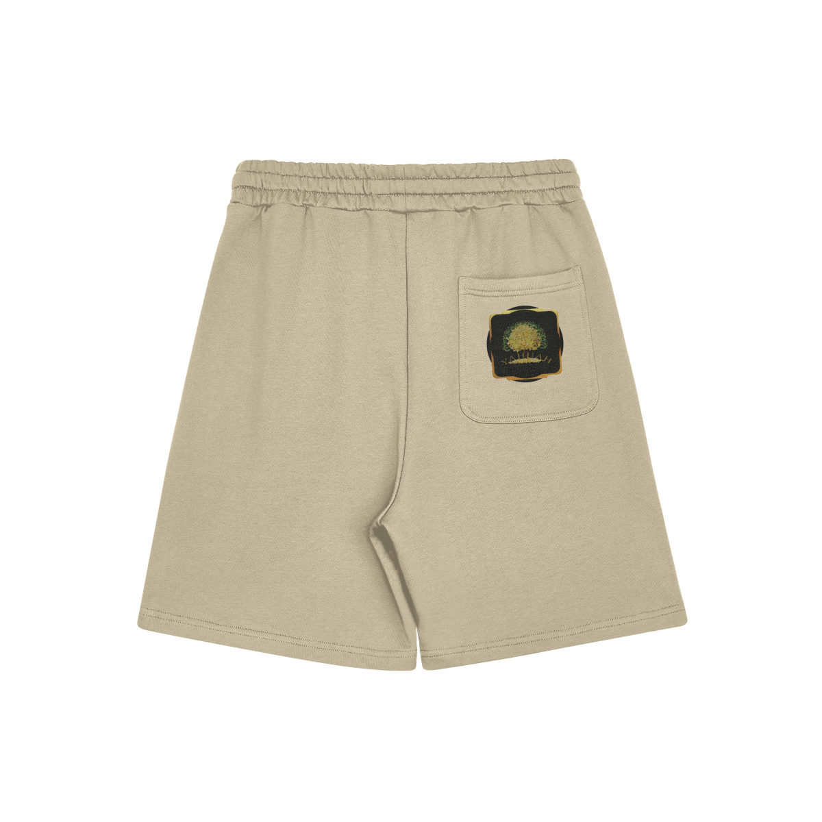 Back flat lay of beige-colored Yahuah: Tree of Life sweat shorts featuring a golden tree graphic on the back pocket.