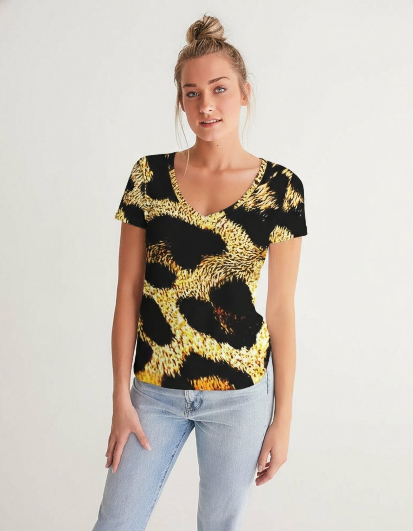 Primal Elegance: Golden Leopard Abstract V-neck T-shirt